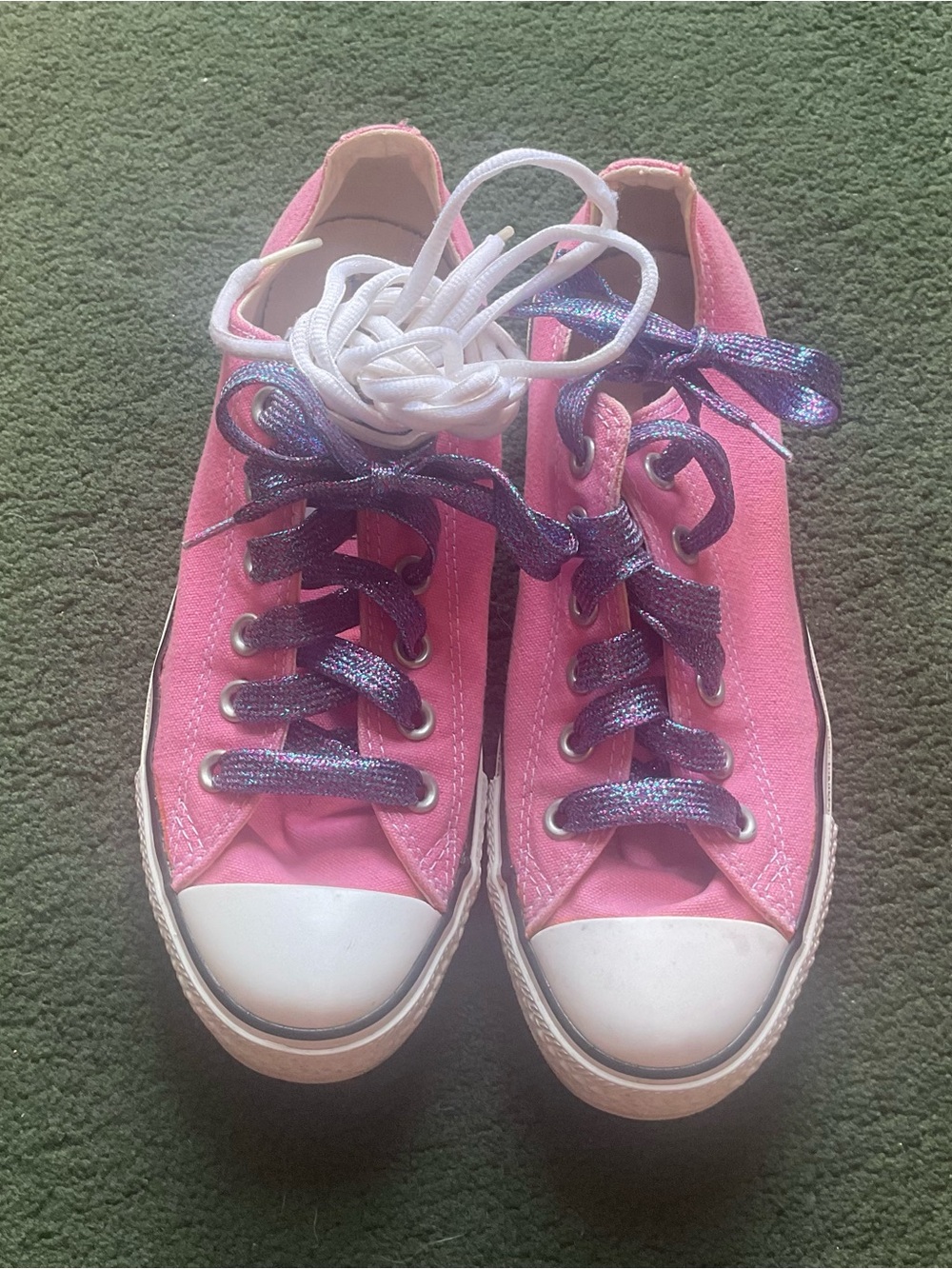 Pink Low-Top Canvas Sneakers with Iridescent Purple Laces and original white